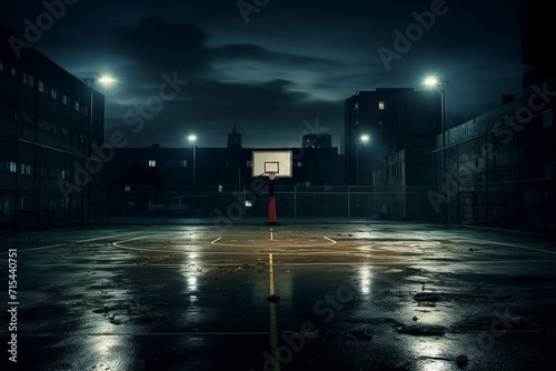 empty basketball court in night city. © Amer