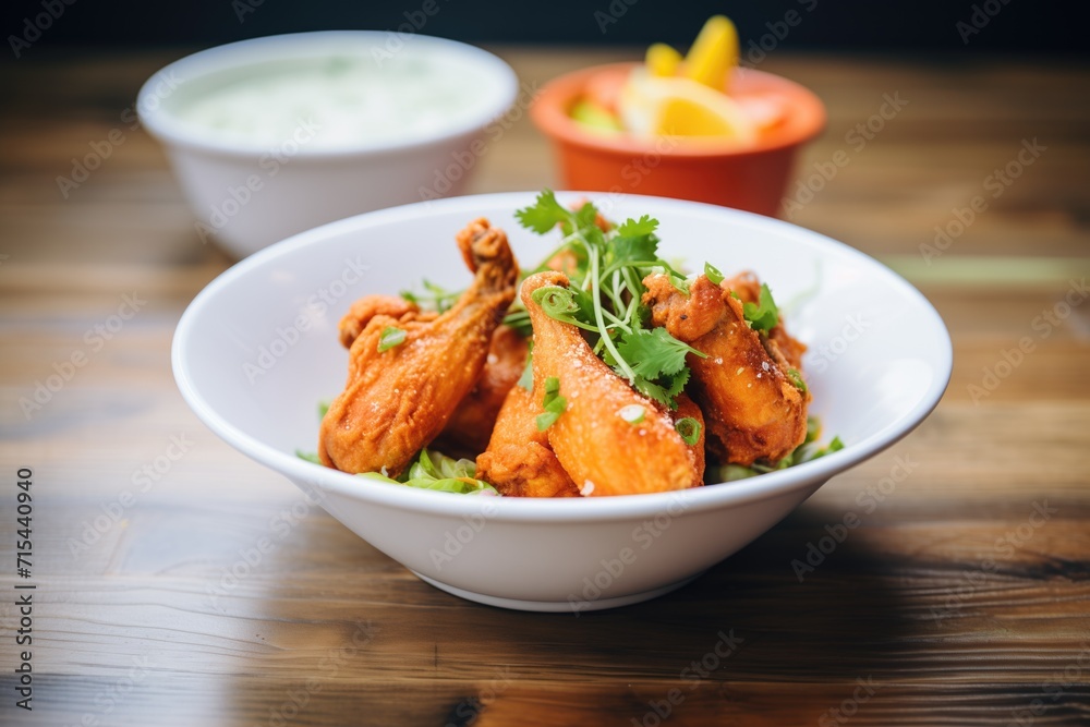 spicy buffalo wings with a side of ranch dressing