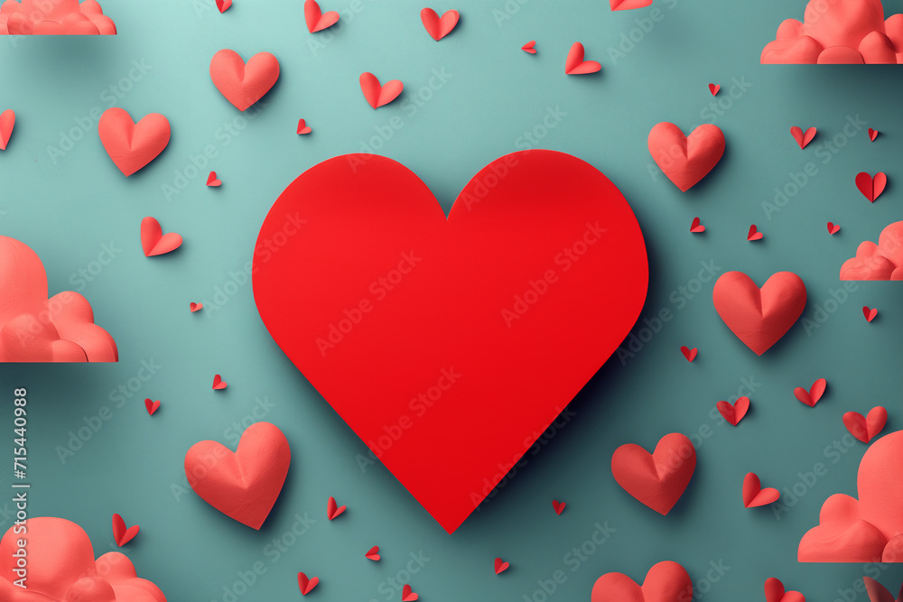 A collection of red paper hearts of various sizes scattered on a teal background, symbolizing love and Valentine's Day