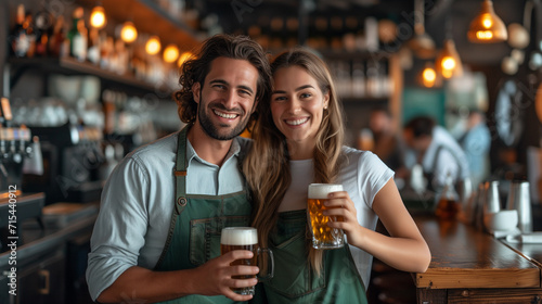 A cheerful male and female bartender in aprons, holding glasses of beer, smile warmly at the camera in a cozy pub setting