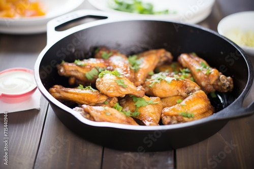 wings in a cast-iron skillet with honey glaze