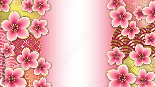 Cherry blossoms with traditional Japanese patterns. Copy space. Vector file is compatible with all versions of Illustrator CC.
