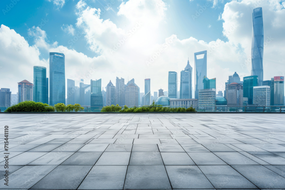 Empty square floor and modern city skyline with building in China. 