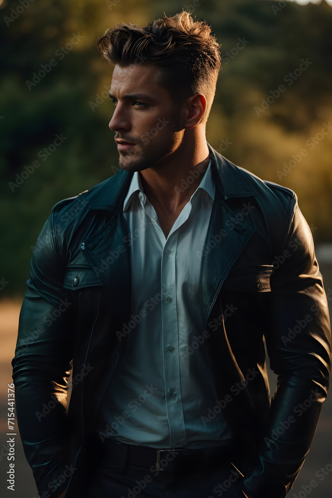 Man in Leather Jacket Standing in Street. Generative AI. Man in Leather Jacket Standing in Street. Generative AI.