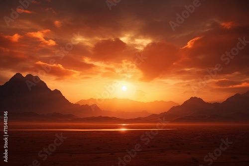Epic sunset landscape sky with big bright sun going behind the mountains photo