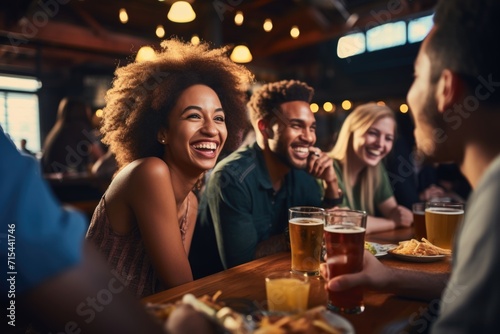 Multiracial friends enjoying drinks, focusing on black woman.