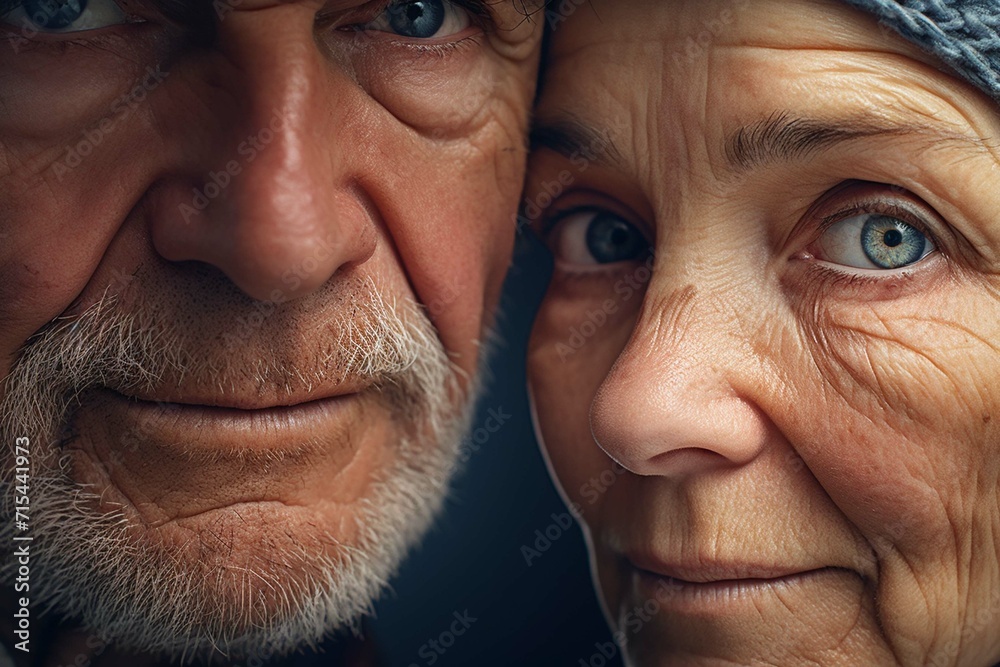 
Face, eyes and closeup of old couple with wrinkles on skin for natural aging process in retirement - obrazy, fototapety, plakaty 