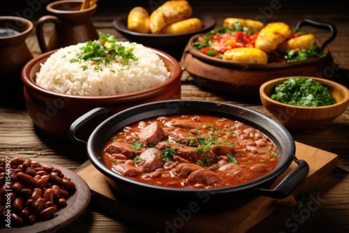 Traditional Brazilian Stew with Beans, Meats, and Garnishes