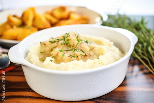 creamy mashed potatoes with gravy in a white bowl