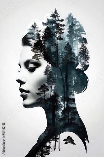 AI-Generated Double Exposure: Woman and Forest - Ethereal Digital Artwork