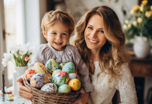 mom holding son in front of easter basket.
