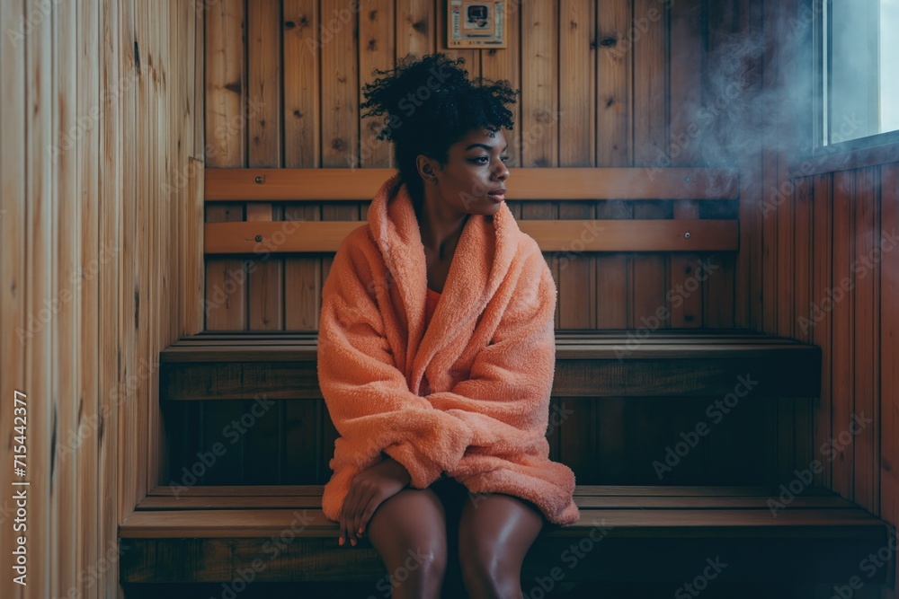 A young black woman is sitting on the bench in the sauna wearing her bathrobe. 