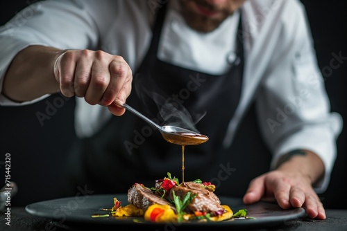 A male chef pouring sauce from the spoon on meal on a black background. 
