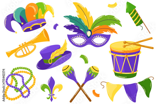 Mardi Gras carnival set. Mardi Gras collection, traditional festival item stickers, including mask, drum, hat, beads, joker, Fleur de lis, comedy and tragedy, party decorations. Vector illustration