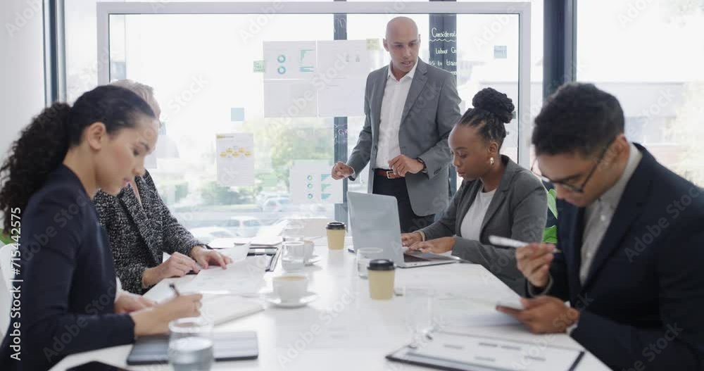 Business people, manager presentation and meeting statistics, data analytics or financial report on glass board. Analyst, executive or presenter talk of graphs, charts and revenue proposal for ideas