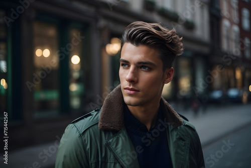 Man in Green Jacket Standing in Front of Building. Generative AI.