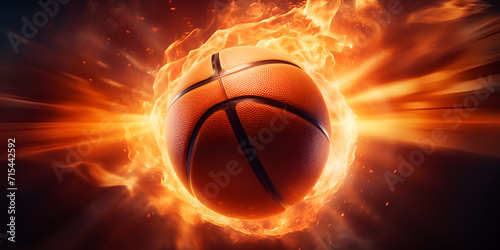 Artistic Illustration of Basketball Ball Burning,Red Basketball Net On Fire Against A Dark Background, Basketball Ball Ablaze in the Dark. © UMAR