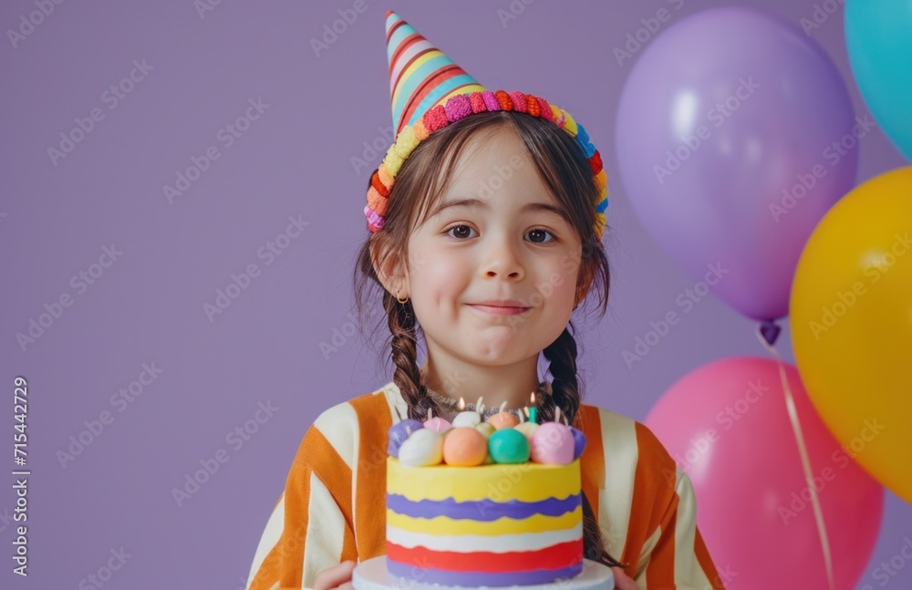 girl in colorful costume holding birthday cake and balloons happy birthday.