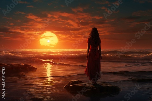  Female standing on the sea shore admiring the spectacular sunset photography