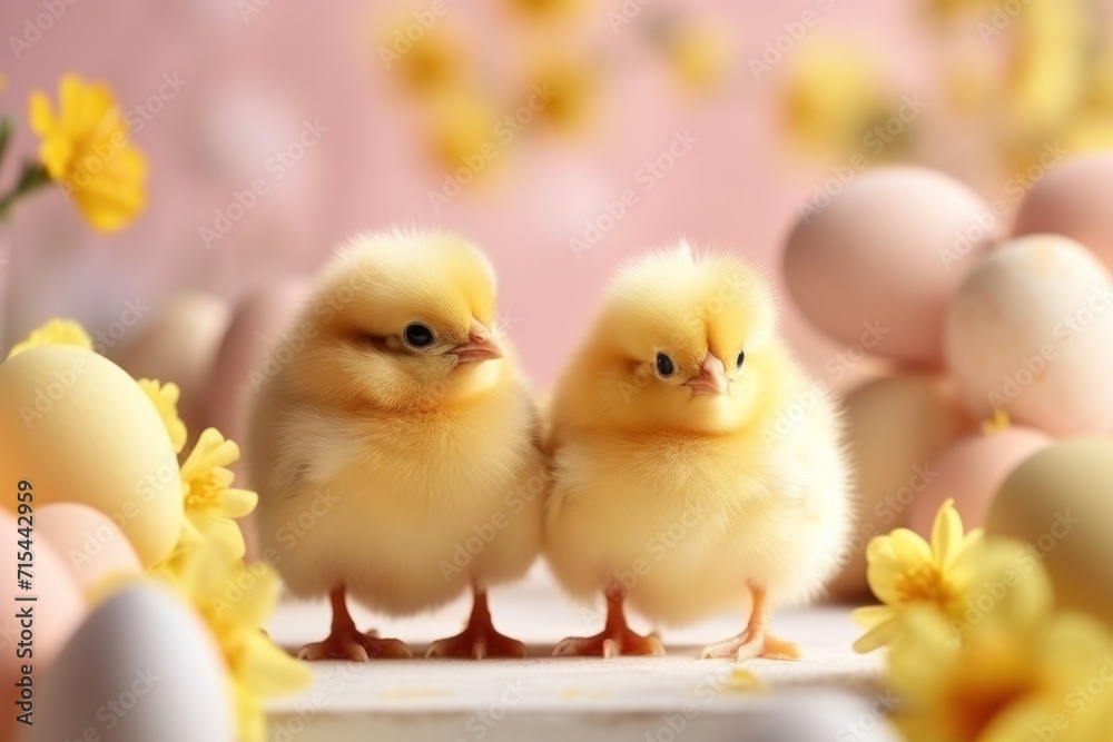 Chic Chick Celebration: Cute chicks and Easter decorations combine to form an adorable background for stylish and festive promotions. Chic Chick Celebration: Cute chicks and Easter decorations combine to form an adorable background for stylish and festive promotions.