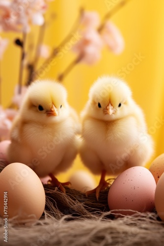 Chic Chick Celebration: Cute chicks and Easter decorations combine to form an adorable background for stylish and festive promotions.