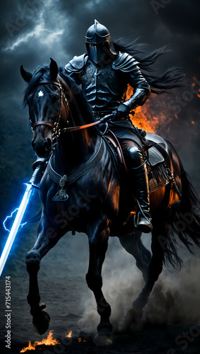 The Nightmarish Steed. A mysterious rider on a ghostly horse. Black horseman of apocalypse riding black horse © Jam
