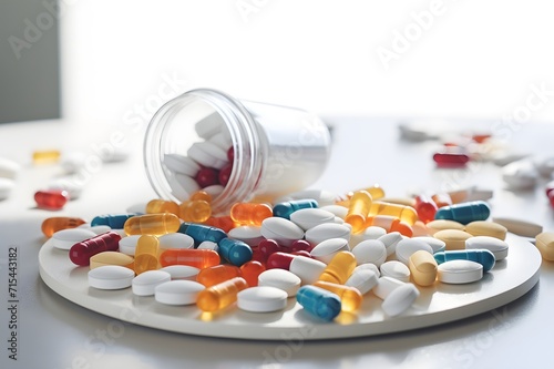 Medicine bottle and different pills on white table. Generative AI 