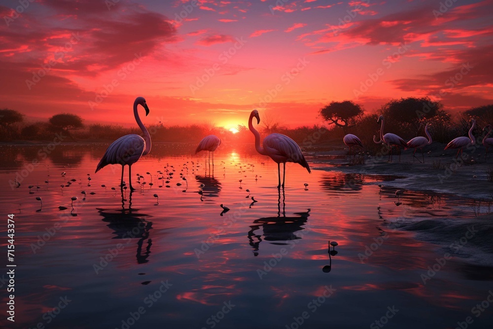 Flamingos wading in lake at sunset - obrazy, fototapety, plakaty 