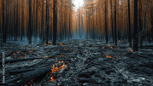 The smoldering remains of a forest post-fire, with lingering flames and a haunting atmosphere, depict the devastating impact of wildfires. photo