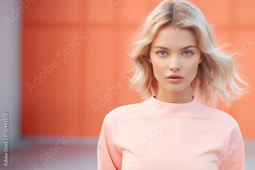 modern young woman in Peach fuzz color sport actitude photo