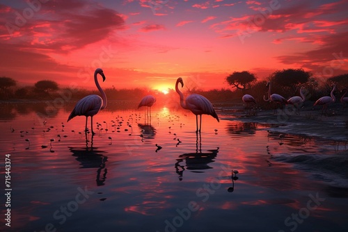 Flamingos wading in lake at sunset photo