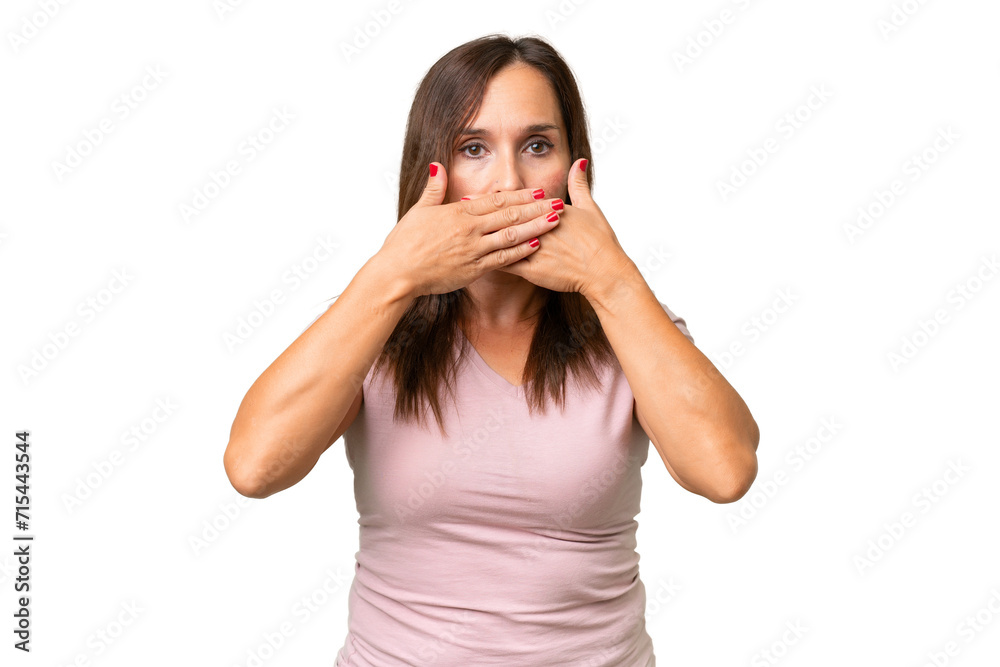 Middle-aged caucasian woman over isolated background covering mouth with hands Middle-aged caucasian woman over isolated background covering mouth with hands