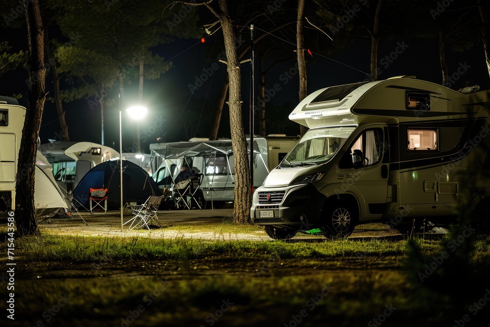Motorhomes and tents in the camp at night.