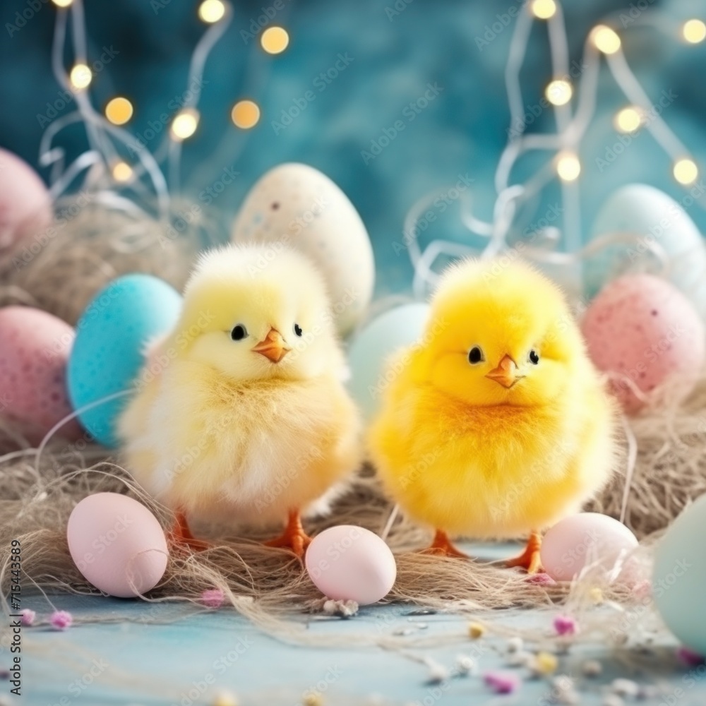Chic Chick Celebration: Cute chicks and Easter decorations combine to form an adorable background for stylish and festive promotions. Chic Chick Celebration: Cute chicks and Easter decorations combine to form an adorable background for stylish and festive promotions.
