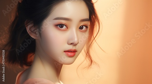 chinese girl with skin care, in the style of light orange and dark beige.