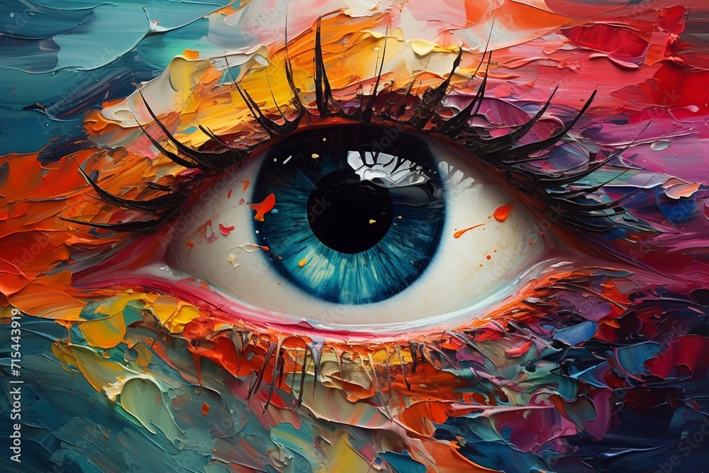 Conceptual abstract picture of the eye. Oil painting in colorful colors. Conceptual abstract closeup of an oil painting and palette knife on canvas