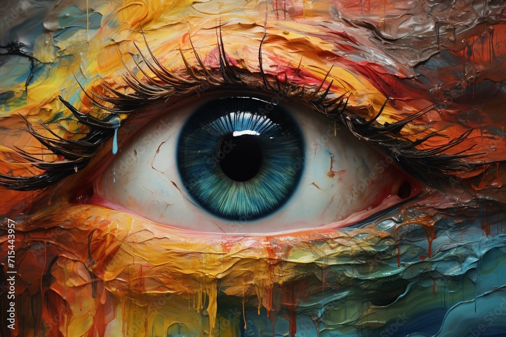 Conceptual abstract picture of the eye. Oil painting in colorful colors. Conceptual abstract closeup of an oil painting and palette knife on canvas