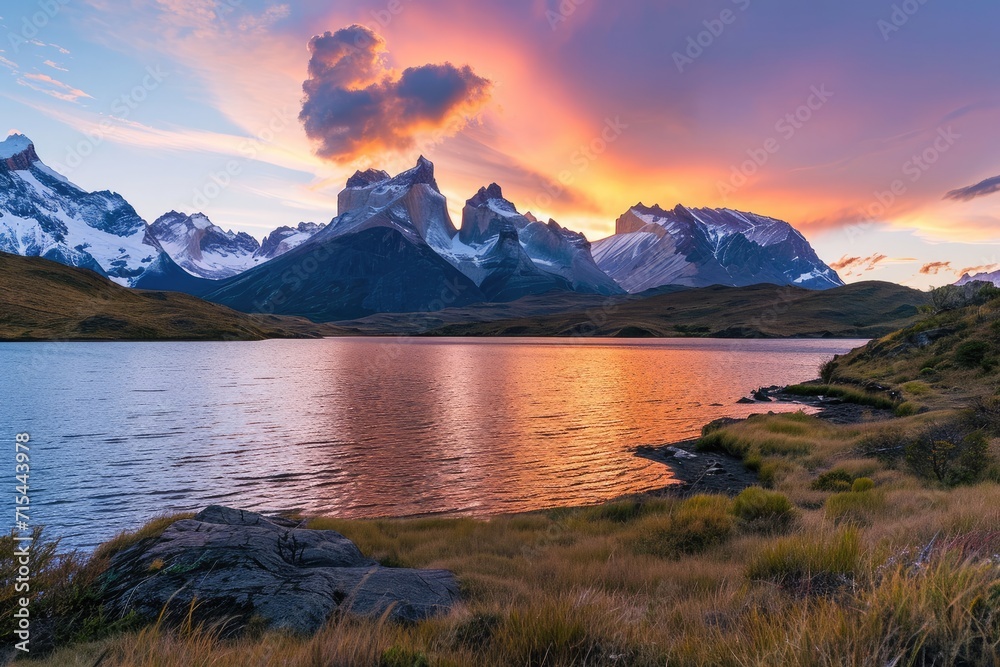 Scenic view of lake by mountains against sky during sunset,Torres del Paine,Chile.
