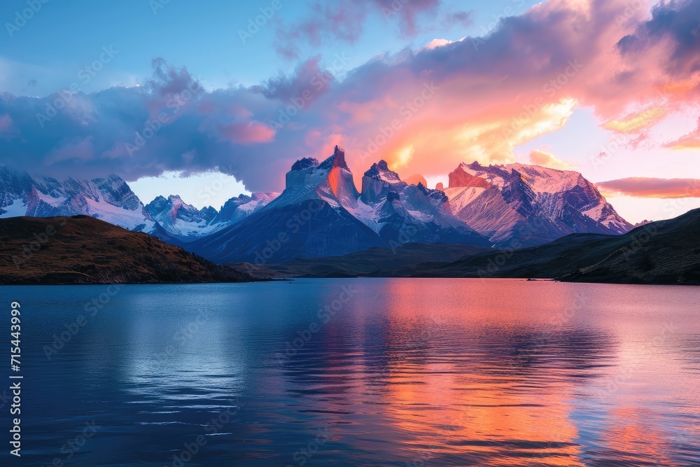 Scenic view of lake by mountains against sky during sunset,Torres del Paine,Chile