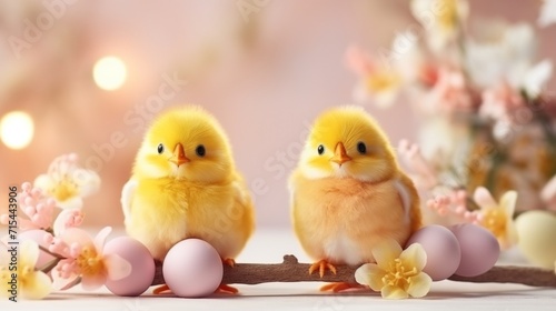 Chic Chick Celebration: Cute chicks and Easter decorations combine to form an adorable background for stylish and festive promotions.