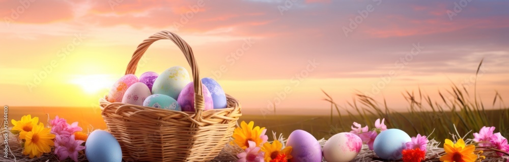 easter sunrise easter baskets eggs colorful flowers and grass,.