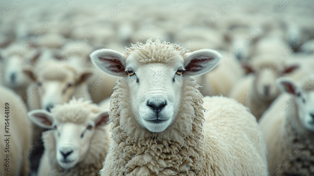 A close-up of a serene sheep's face among a flock, with a calm and attentive expression, soft wool, and a peaceful pastoral background.