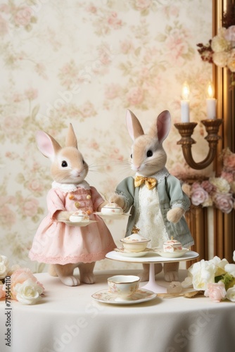 A whimsical setting with adorable bunny figurines  setting the stage for an enchanting Easter promotion.