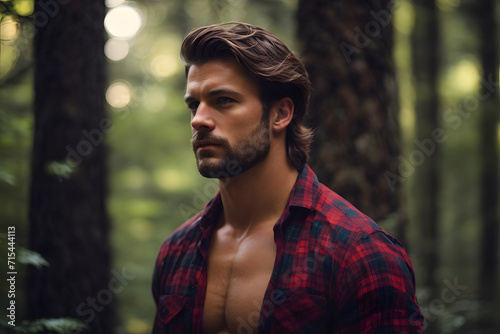 Shirtless Man Standing in Forest. Generative AI. photo