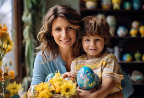 mom holding son in front of easter basket.