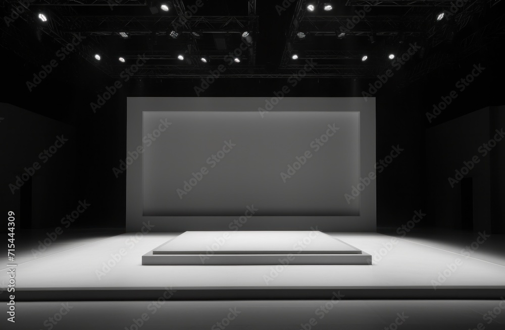 one platform on a white stage with spotlights in the background.