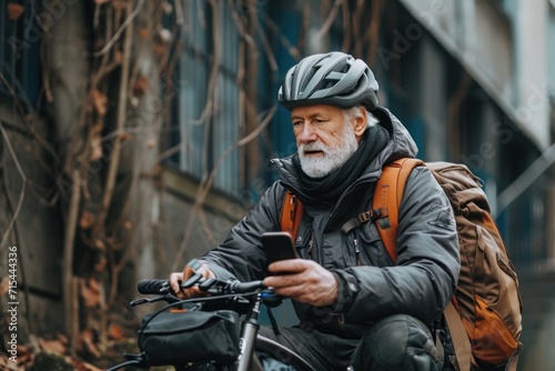 male cyclist sitting outdoors and holding smartphone.