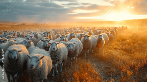 A herd of sheep gathers in a field as the sun sets, casting a golden glow over the tranquil rural scene.