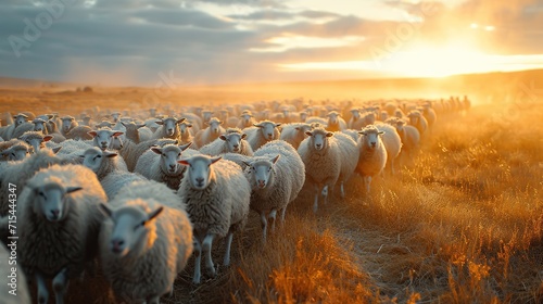 A herd of sheep gathers in a field as the sun sets, casting a golden glow over the tranquil rural scene. photo