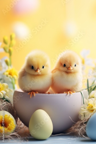 Chic Chick Celebration: Cute chicks and Easter decorations combine to form an adorable background for stylish and festive promotions. © olegganko